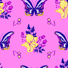 Vector pink background butterflies bouquet & flower garden seamless pattern illustration for birthday, fabric, party, event, decoration, gift wrap, scrapbook, project, print, wallpaper, textile design