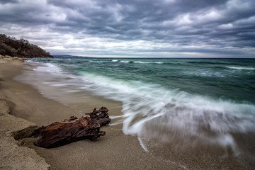 Fototapeta na wymiar Seascape, Superb long exposure seascape with a log at the Black Sea coast, Bulgaria