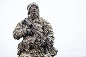 Portrait of modern army infantryman on march