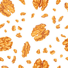 Vector colorful seamless pattern with illustrations of walnut kernels isolated on white background. Can be used for wallpaper, pattern fills, web page, surface textures, textile print, wrapping paper