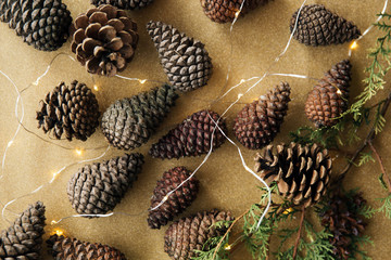 Fototapeta na wymiar Pine cone Christmas theme. Still life with conifer cone and lights on gold background. 