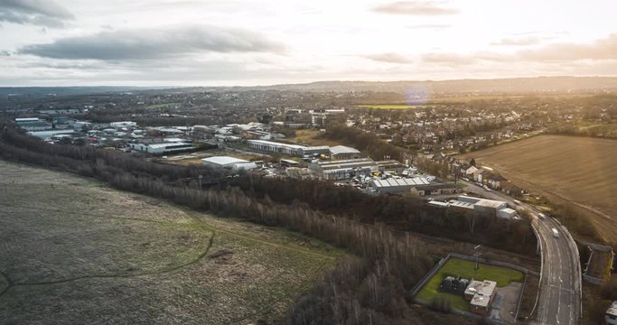 Aerial drone timelapse of Sheffield City, South Yorkshire during sunset in Winter with a drone