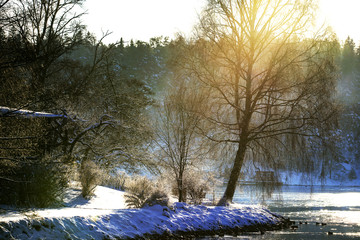 Naklejka na ściany i meble river in winter, sweden, stockholm, nacka, europe