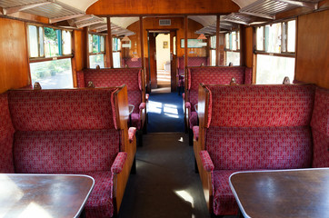 Steam train seats in the carriage in the United Kingdom - 308141154