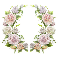 Obraz na płótnie Canvas Floral pastel wreath with roses. Decorative elements for wedding, invitation design. Vector illustration.