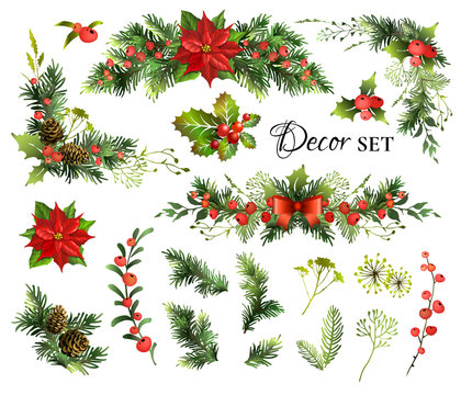 Big set with Christmas decor elements for your design. Garland fective set. Vector illustration.