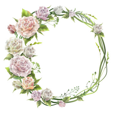 Floral wreath with roses in pastel colors. Decorative element for wedding invitation. Vector illustration.