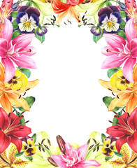 Obraz premium Floral frame with pansies, lilies on isolated white background. Greeting card, postcard, invitation. Stock illustration.