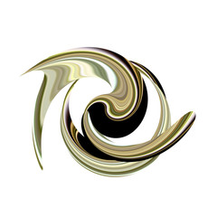 Isolated abstract figure on a white background. Curved surface with dark and light stripes in different shades. Gold, metal surface. Spatial deformation. Reminds decoration.