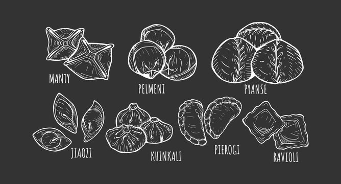 illustration of different dumplings on black background.