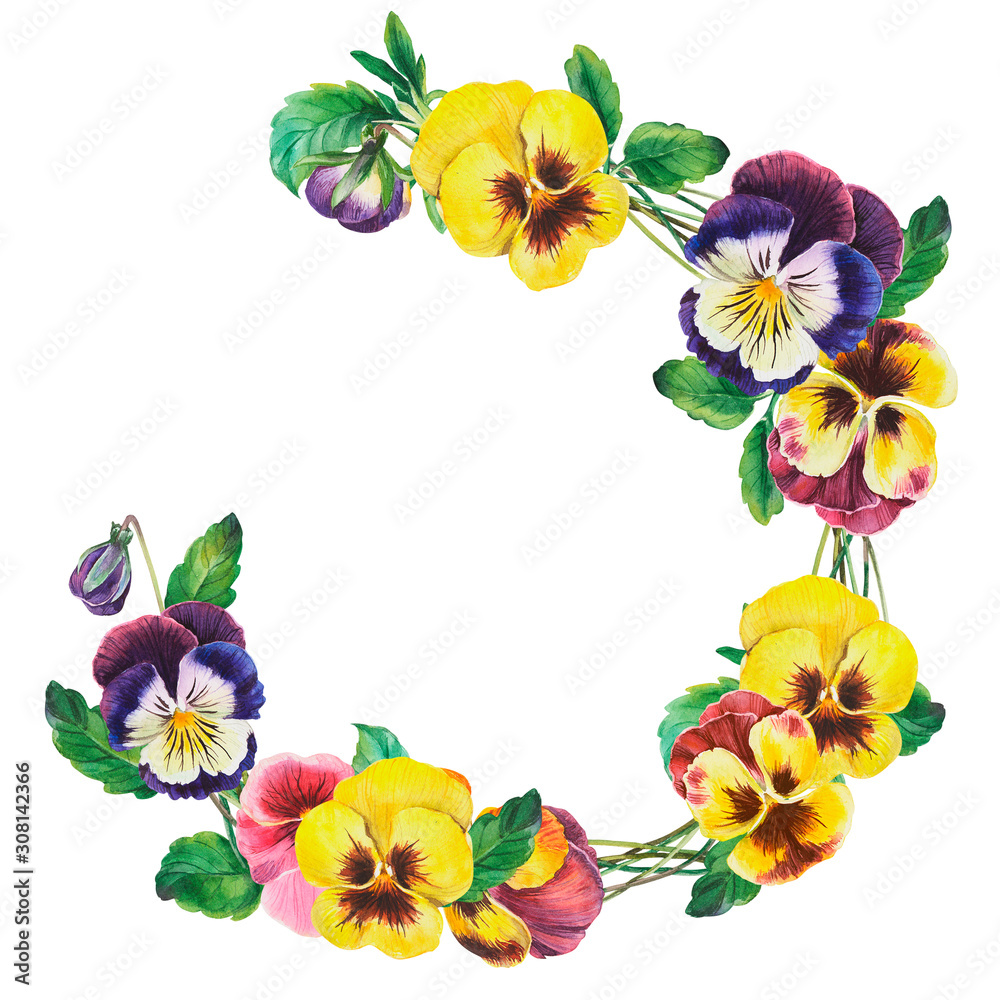 Wall mural Floral round frame with pansies on isolated white background. Greeting card template. Design, wedding ivitation.  Wreath of pansy flowers with green leaves. Stock illustration.