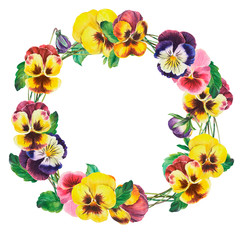Floral round frame with pansies on isolated white background. Greeting card template. Design, wedding ivitation.  Wreath of pansy flowers with green leaves. Stock illustration.