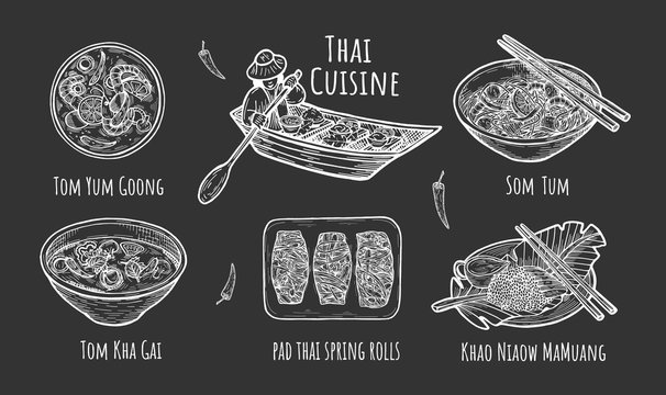 illustration of Thai traditional cuisine on black background.