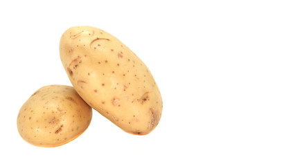 Young white potato, top view. Isolated potatoes on a white background.  Fresh food for vegetarians. Raw vegetable, root vegetable. Photo harvesting potatoes for a designer.