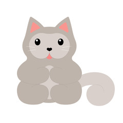 Cute sitting gray cat with heart shaped nose, paws on the tummy, tail on the side. Cartoon character isolated on white background. Vector illustration for stickers, prints, posters, for cat lovers.