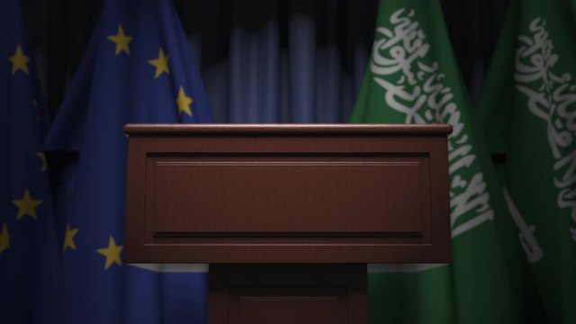 Flags of Saudi arabia and the European Union at international meeting, 3D animation
