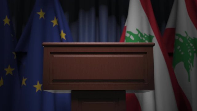 Many flags of Lebanon and the EU behind speaker tribune, 3D animation