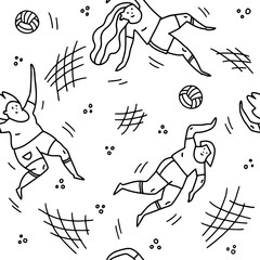 Seamless pattern with volleyball players with ball and net hand drawn illustration. Female athletes doodle drawing. Active lifestyle concept. T shirt print, textile design