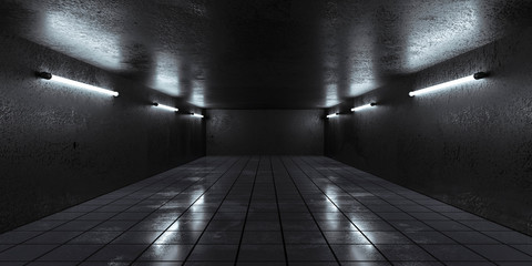 Underground concrete basement with low key blue lighting industrial grunge concrete background 3d render illustration
