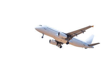 white commercial passenger airplane flying take off isolated on white background