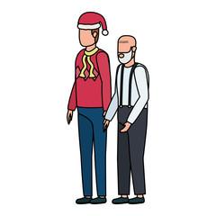 cute grandfather with young son using christmas hat