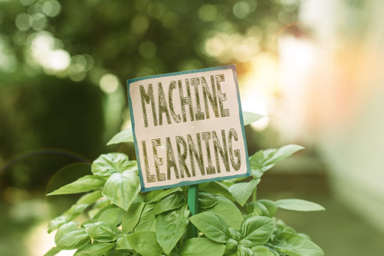 Writing note showing Machine Learning. Business concept for scientific study of algorithms and statistical models Plain paper attached to stick and placed in the grassy land