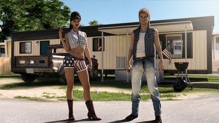 Funny American Trailer Trash Couple with Mobile Home - obrazy, fototapety, plakaty