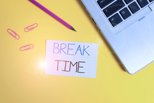 Word writing text Break Time. Business photo showcasing scheduled time when workers stop working for a brief period Trendy metallic laptop clips pencil squared paper sheet colored background
