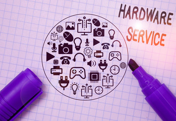 Writing note showing Hardware Service. Business concept for act of supporting and maintaining...