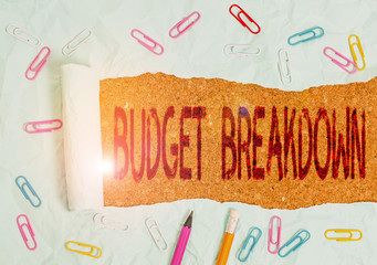 Conceptual hand writing showing Budget Breakdown. Concept meaning dividing the cost of something...