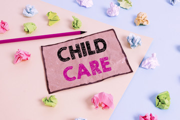 Handwriting text writing Child Care. Conceptual photo a care of children especially as a service while parents at work Colored crumpled papers empty reminder blue yellow background clothespin