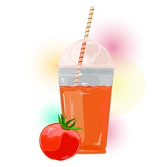 Red ripe tomato with leaves is near glass of juice. Fresh vegetable and beverage in transparent cup with straw. Natural healthy product. Vector illustration in watercolor style for packing, menu.