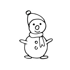 Cute element in doodle style snowman. Hand drawn vector illustration. Trendy design elements for holiday and christmas and new year greeting cards, decor. Isolated on white background