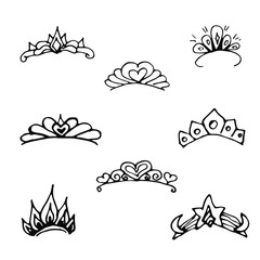 Cute doodle set of princess crown elements. Hand drawn vector illustration. Birthday, New Year's wedding elements for greeting cards, posters, stickers decoration decor. Isolated on white background