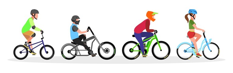 Three guys and girl in helmets riding freestyle trick, city cruiser, mountain, touring bicycles. Urban transport, bikes set. Healthy, sport lifestyle concept. Vector collection isolated on white.