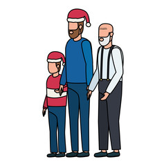cute grandfather with young son and grandson using christmas hat