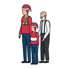 cute grandfather with young son and grandson using christmas hat