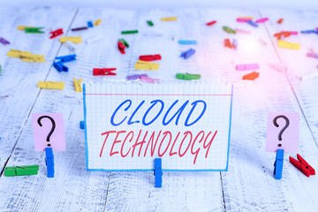 Conceptual hand writing showing Cloud Technology. Concept meaning on deanalysisd availability of computer system resources Crumbling sheet with paper clips placed on the wooden table