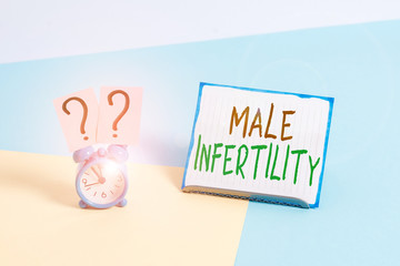 Conceptual hand writing showing Male Infertility. Concept meaning the inability to cause pregnancy in a fertile Alarm clock beside a Paper sheet placed on pastel backdrop