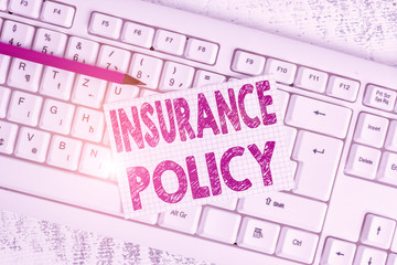 Word writing text Insurance Policy. Business photo showcasing document detailing the terms and conditions of a insurance White keyboard office supplies empty rectangle shaped paper reminder wood