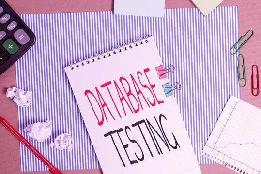 Writing note showing Database Testing. Business concept for involves the retrieved values from the database by the web Striped paperboard notebook cardboard office study supplies chart paper - Powered by Adobe