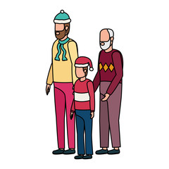 cute grandfather with young son and grandson using christmas hat