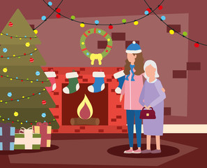 cute grandmother with daughter in room christmas decorated