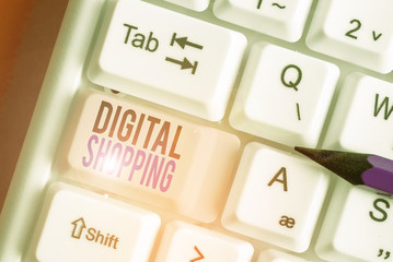 Conceptual hand writing showing Digital Shopping. Concept meaning act of purchasing products or...