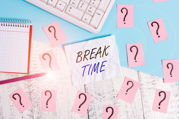 Handwriting text writing Break Time. Conceptual photo scheduled time when workers stop working for a brief period Writing tools, computer stuff and math book sheet on top of wooden table