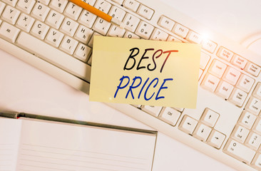 Word writing text Best Price. Business photo showcasing the lowest or great price that a buyer can buy something for White pc keyboard with empty note paper and paper clips above white background