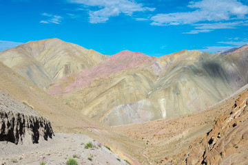 Fototapeta na wymiar Ladakh, India - Aug 23 2019 - Beautiful scenic view from Between Hemis Shukpachan and Tingmosgang (Temisgam) in Sham Valley, Ladakh, Jammu and Kashmir, India.