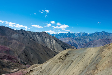Naklejka na ściany i meble Ladakh, India - Aug 23 2019 - Beautiful scenic view from Between Hemis Shukpachan and Tingmosgang (Temisgam) in Sham Valley, Ladakh, Jammu and Kashmir, India.