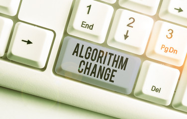 Writing note showing Algorithm Change. Business concept for change in procedure designed to perform...