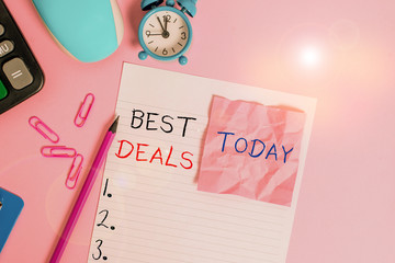 Text sign showing Best Deals. Business photo showcasing very successful transaction or business agreement or a bargain Calculator clips clock clipboard mouse sheet note pencil color background